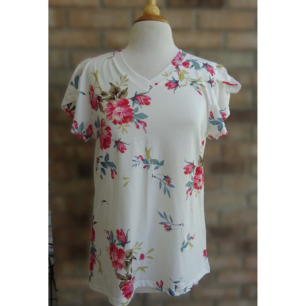 MOSHU White Floral V-Neck Top - Size Medium NWT
